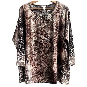 CHICOS Burnout Velvet Mixed Animal Print Embellished Lace Blouse XL (3) Brown
